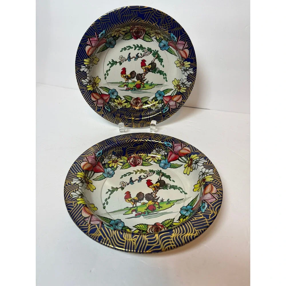 Set of 4 Vintage Action Industries Brazil‎ Tin Enamel Rooster Floral Bowls